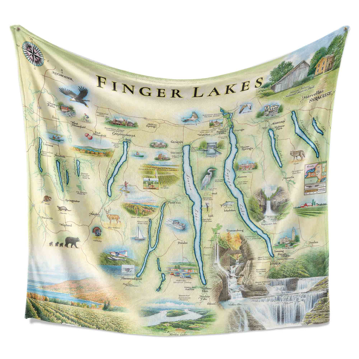 Finger Lakes, New York Map Fleece Blanket – Hand-Drawn Art