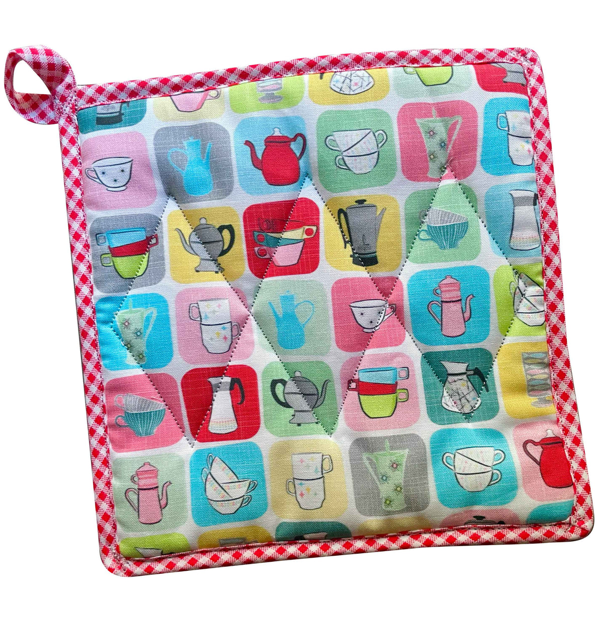 Potholder COFFEE THEME w modmod diamond quilting w cups mugs