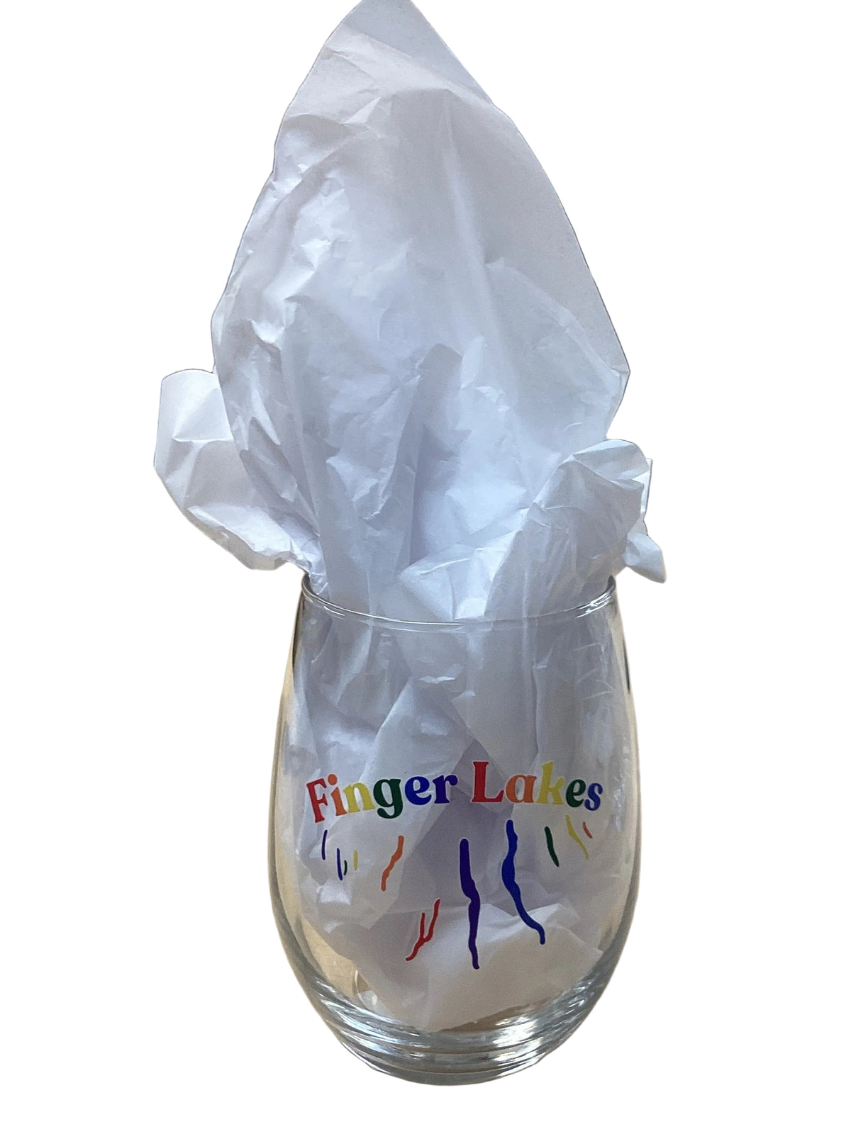 Finger Lakes Rainbow Stemless Wine Glass