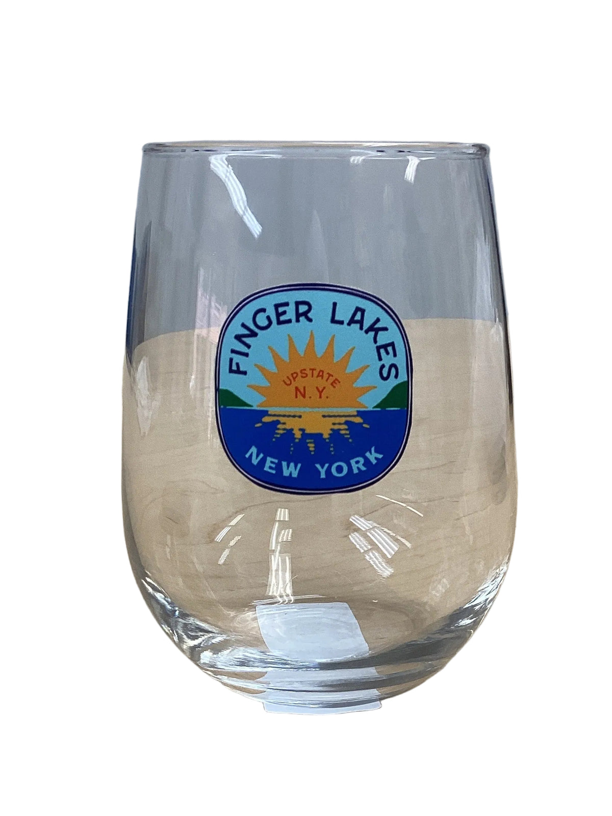 finger lakes sunset stemless wine glass