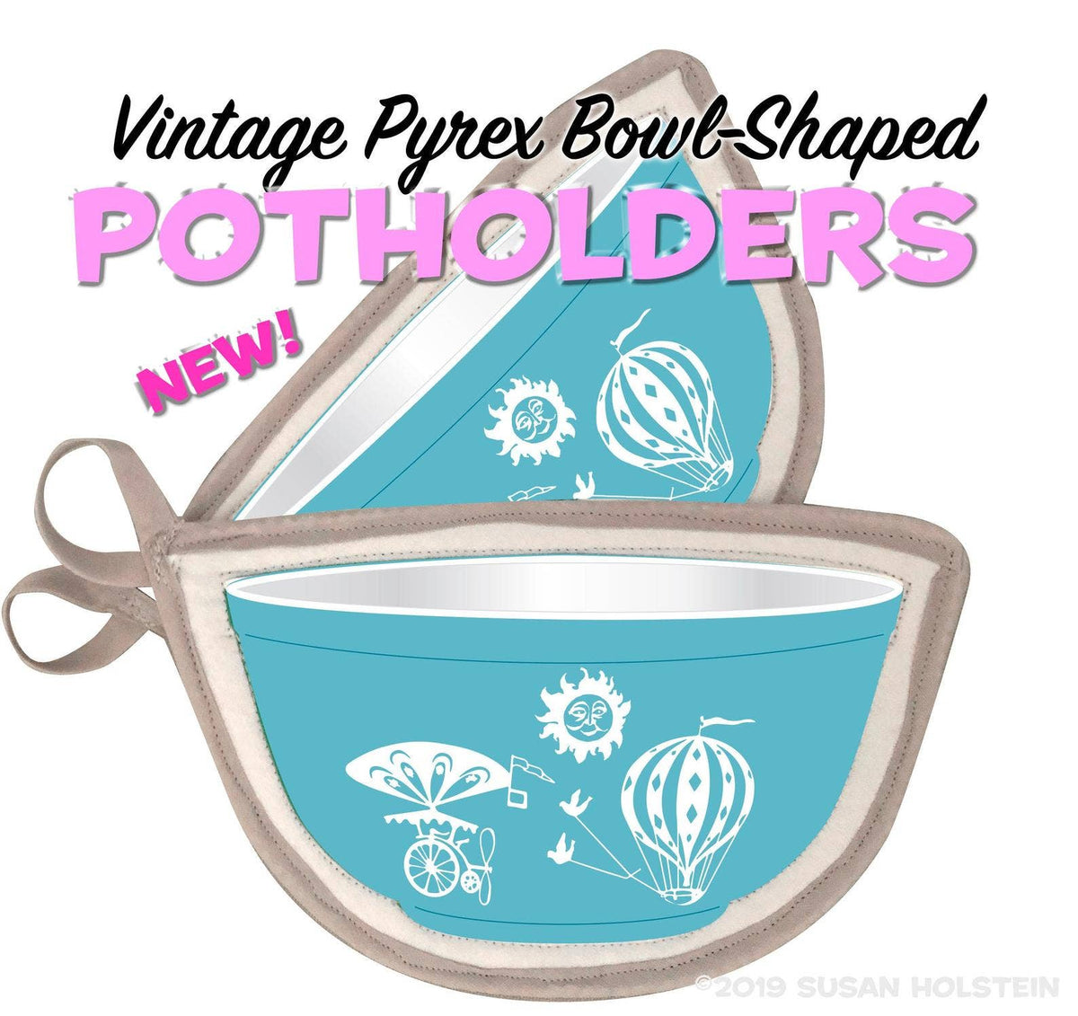 2 Potholders - Pyrex Turquoise Balloons Bowl Pot Holders