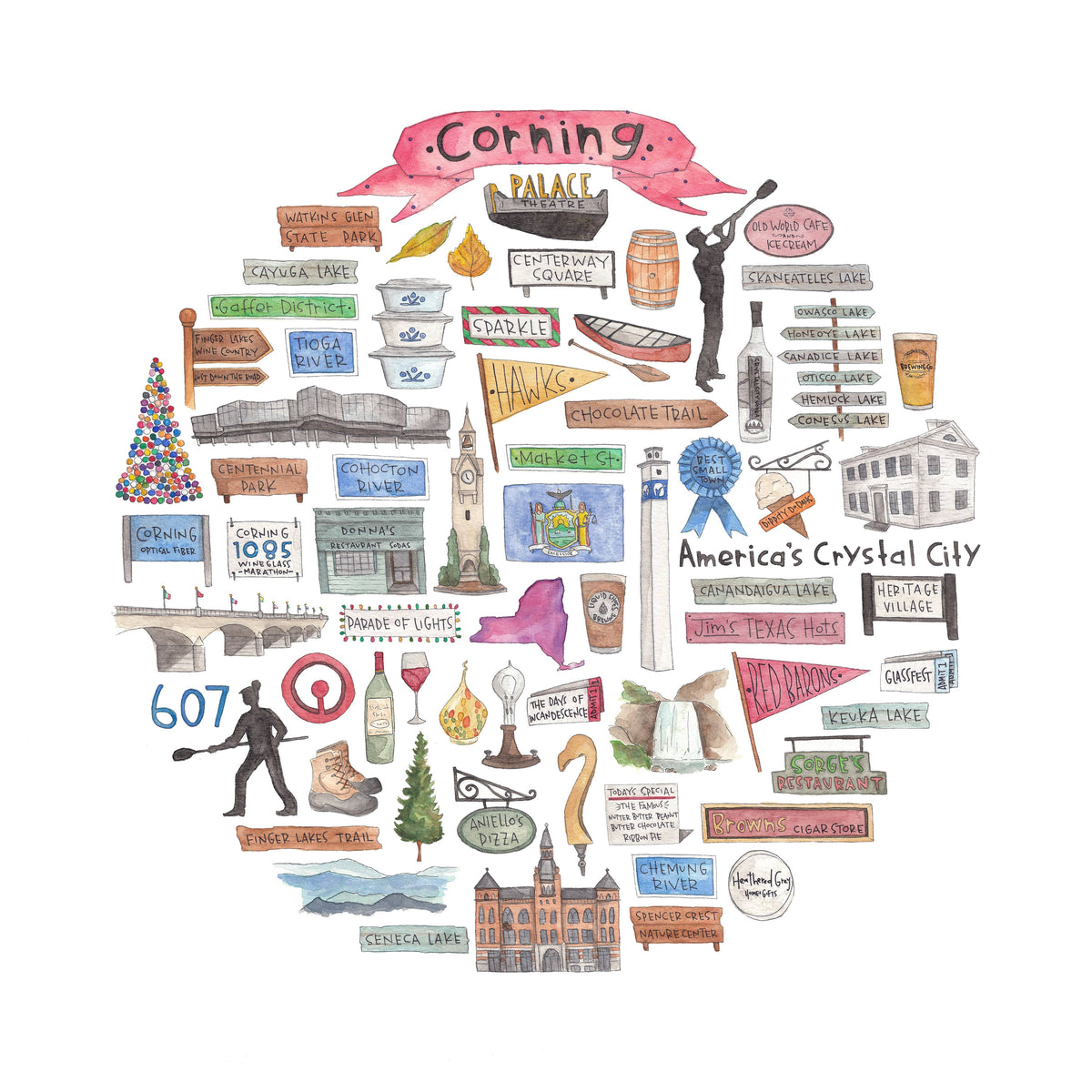 Corning, NY Icon Watercolor Vinyl Sticker