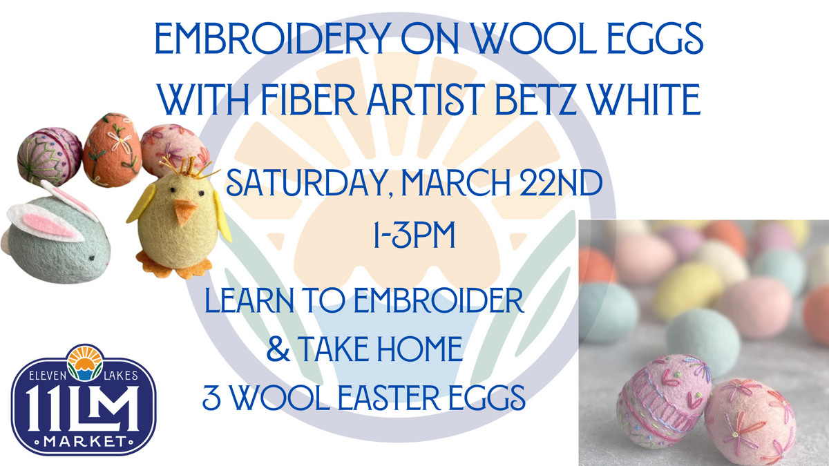 Embroidery on wool eggs with fiber artist Betz White